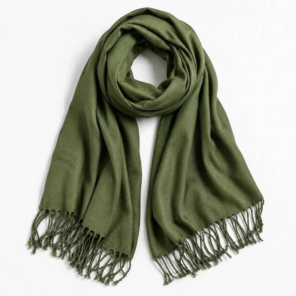 Olive Green Twill Scarf Long Rectangle Wrap Shawl Fringe Solid Green 80